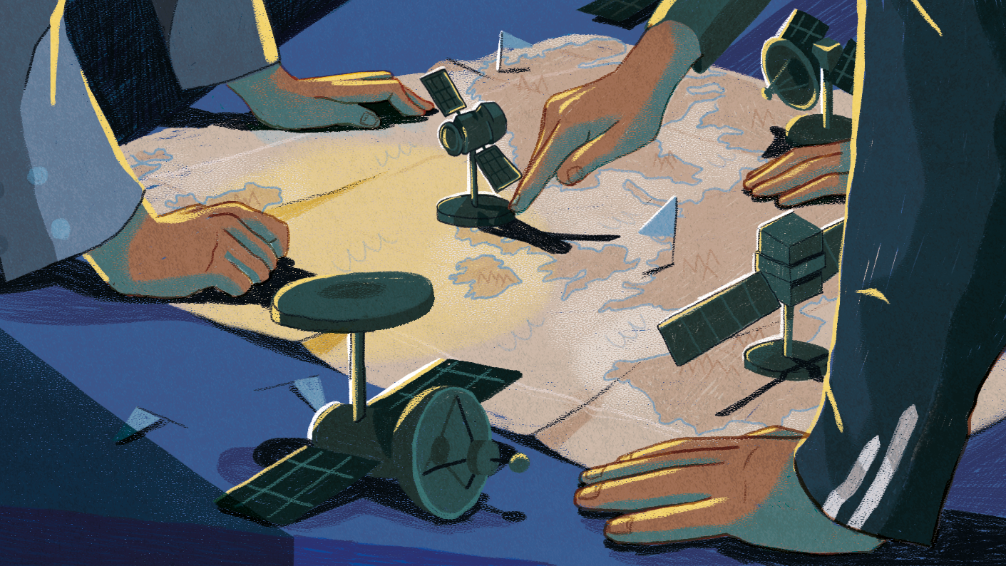 illustration Réunion stratégique autour d'une carte et de satellites