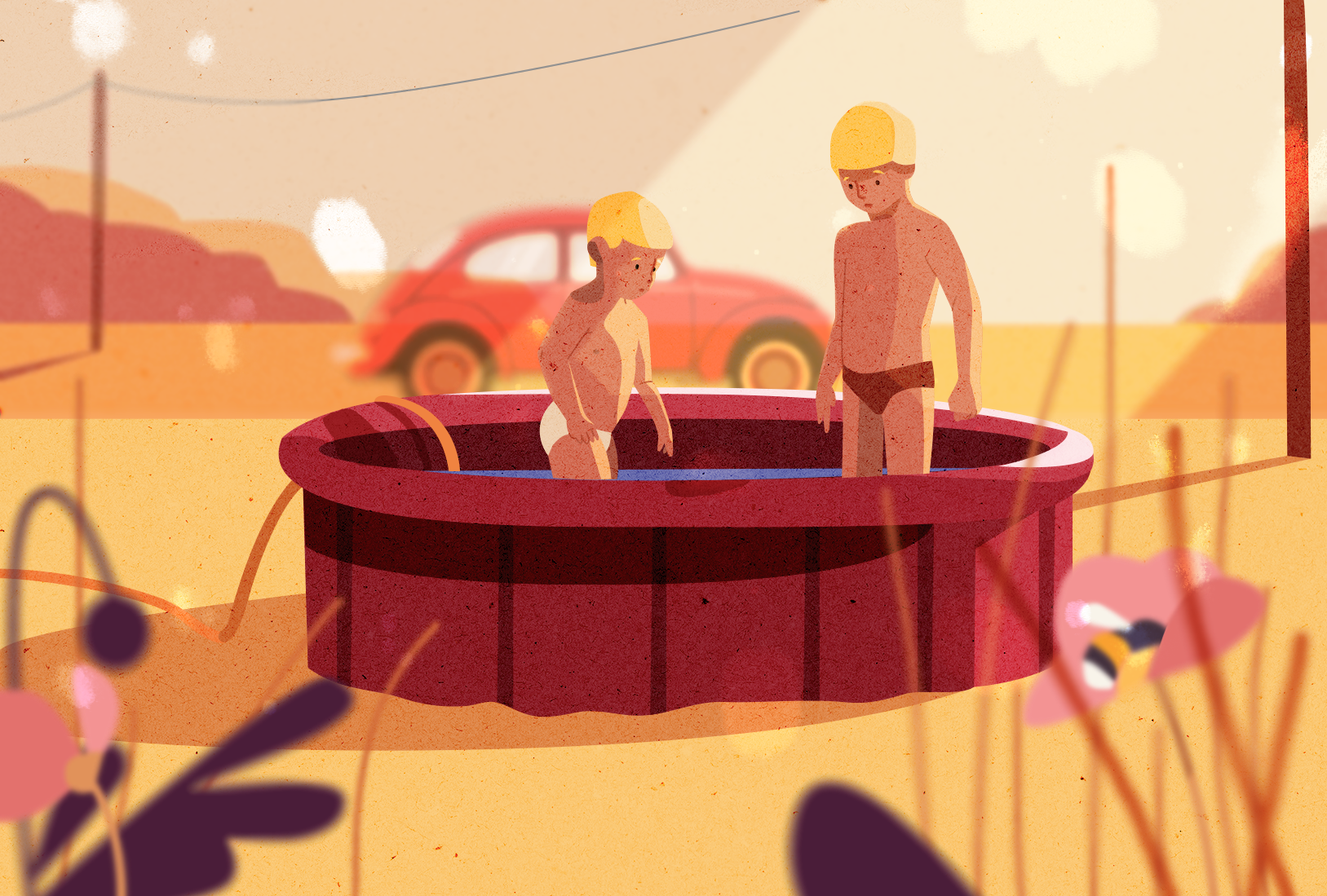 illustration Enfants jouant dans une piscine sous le soleil d'été