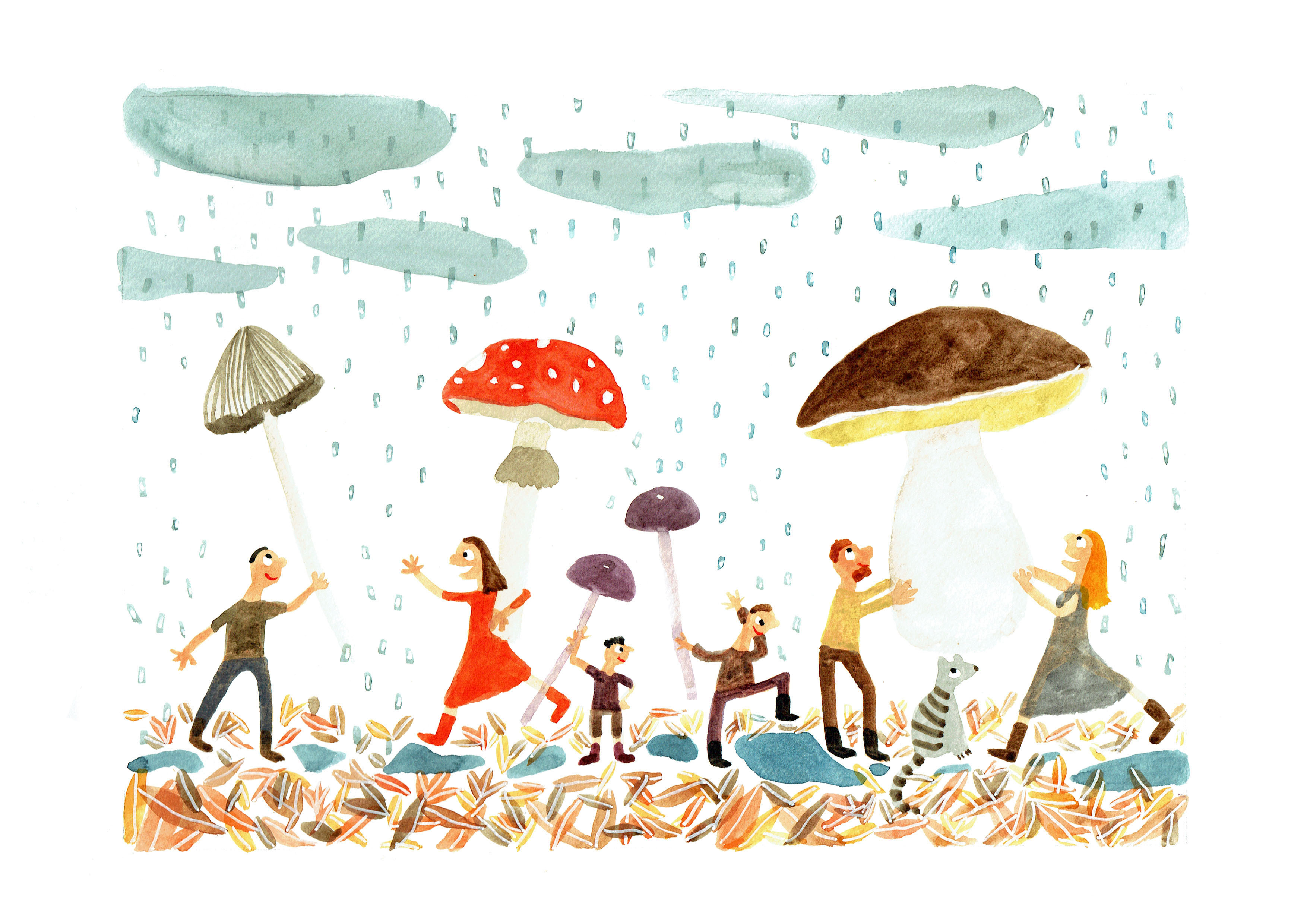 illustration Sous les champignons : abri sous la pluie