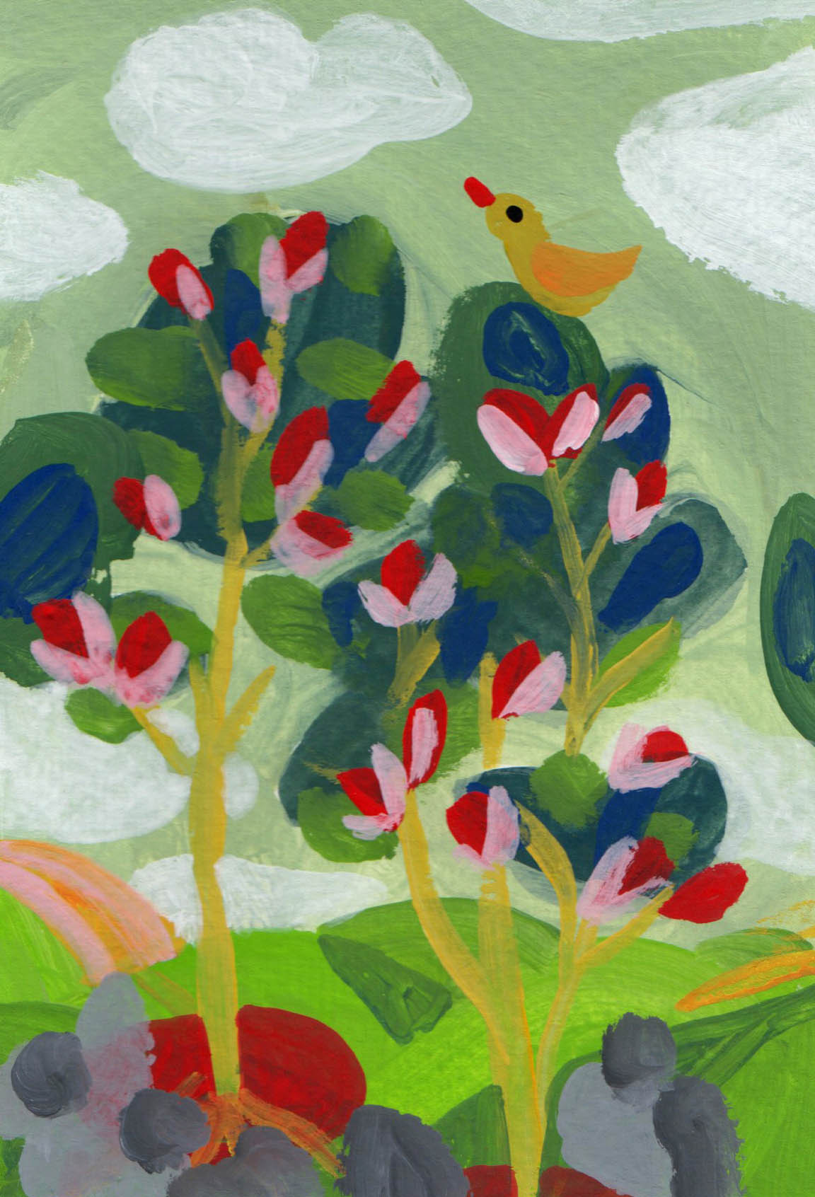 illustration Petit oiseau au milieu des arbres colorés et fleuris