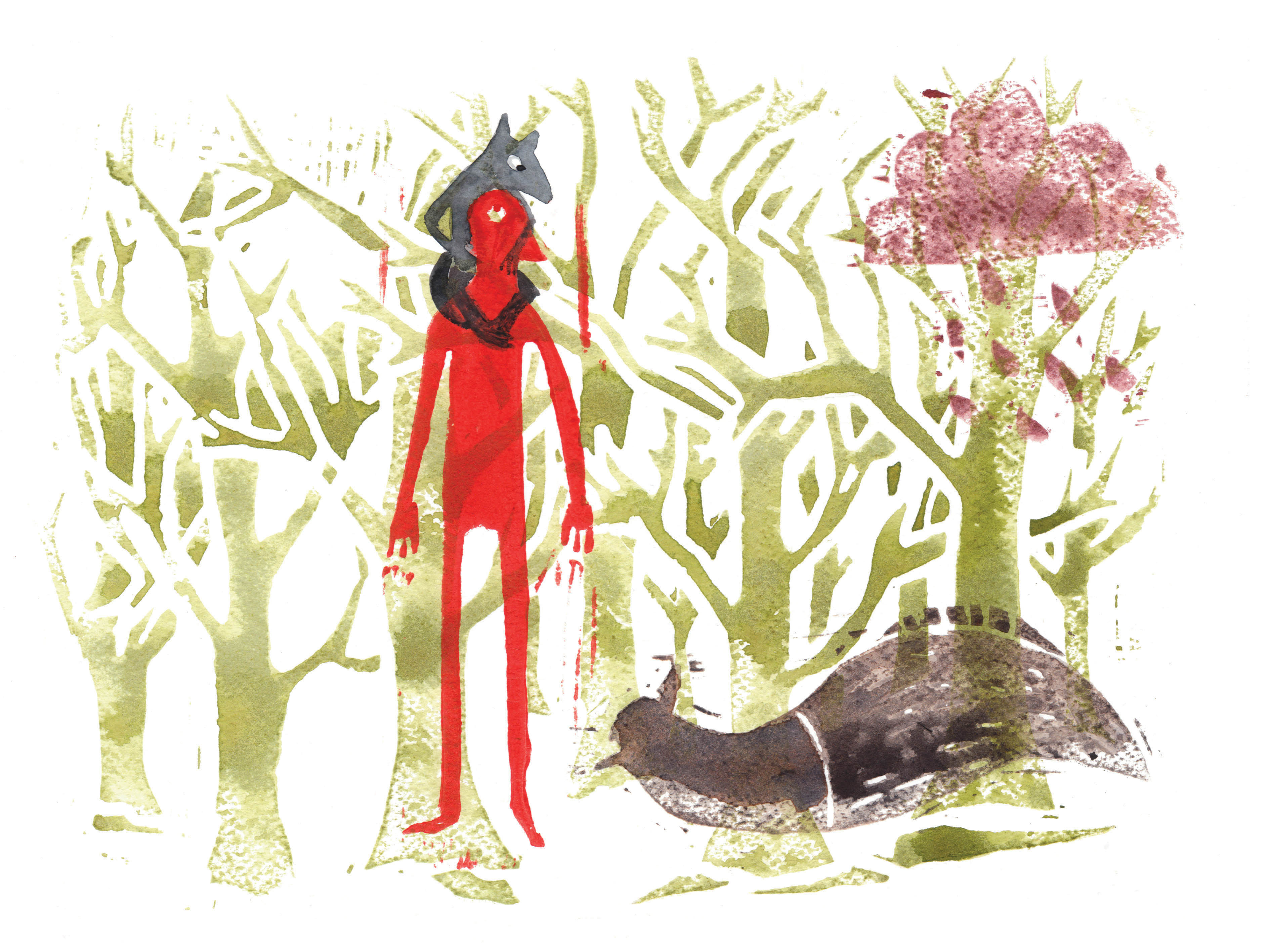 illustration Forêt mystérieuse avec créature rouge et animal gris