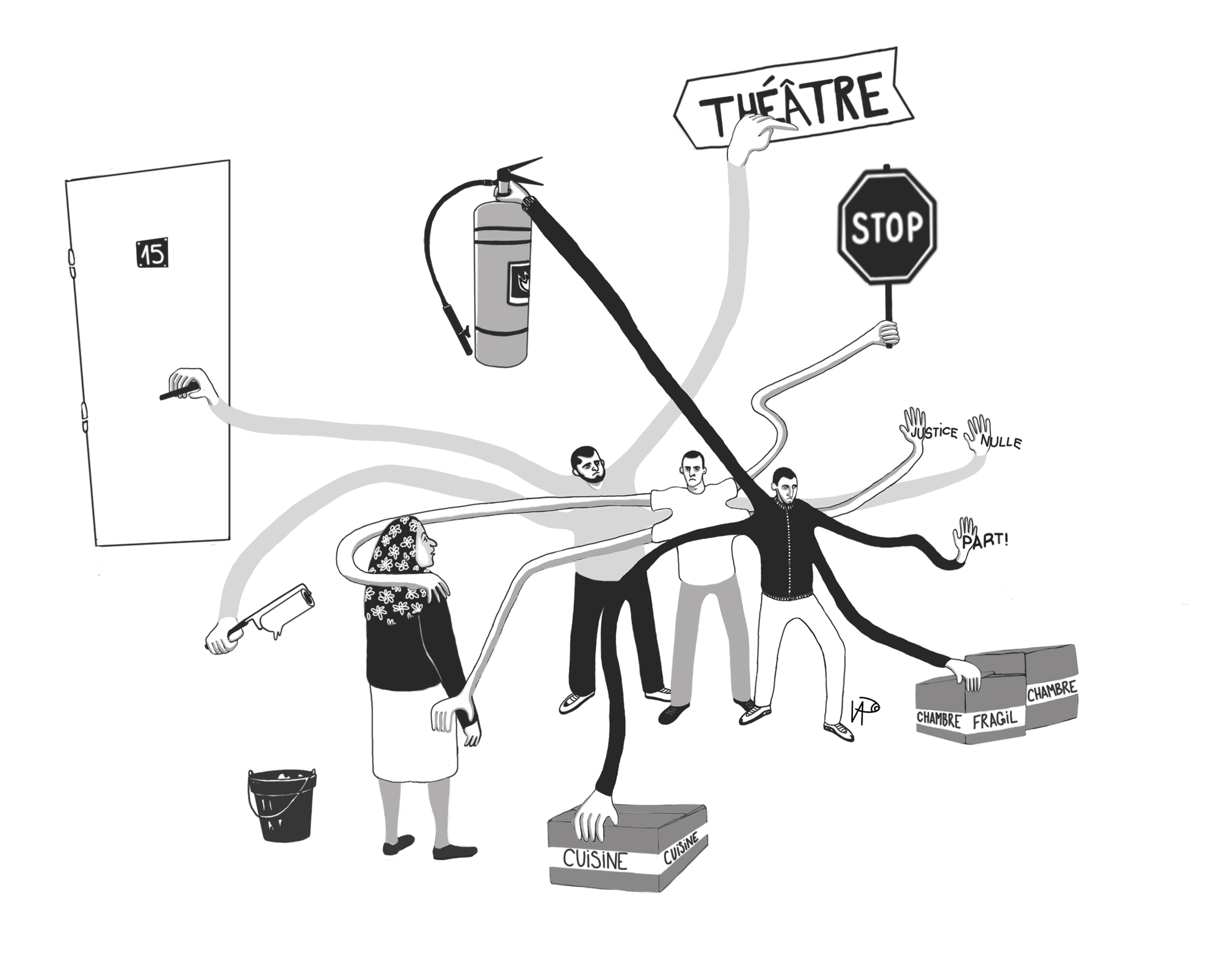 illustration Un homme multitâche avec plusieurs bras et accessoires